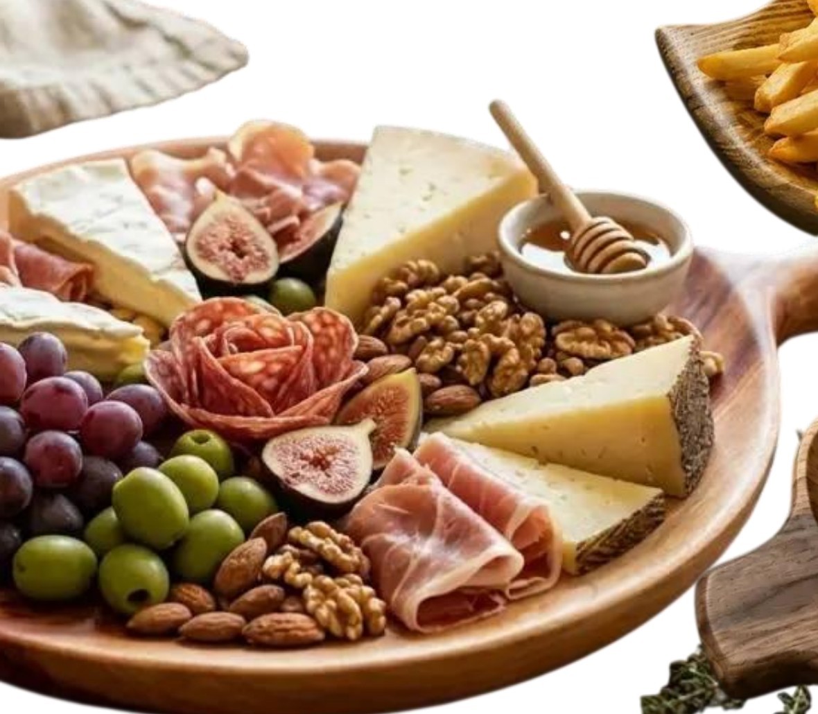 Сырно-мясная тарелка на деревянной доске ручной работы